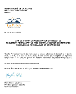 Avis concernant GESTION DES MATI�RES