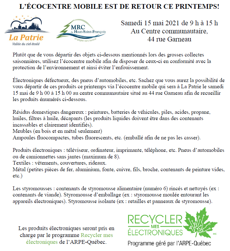 Horaire de l'Écocentre Horaire de l'Écocentre